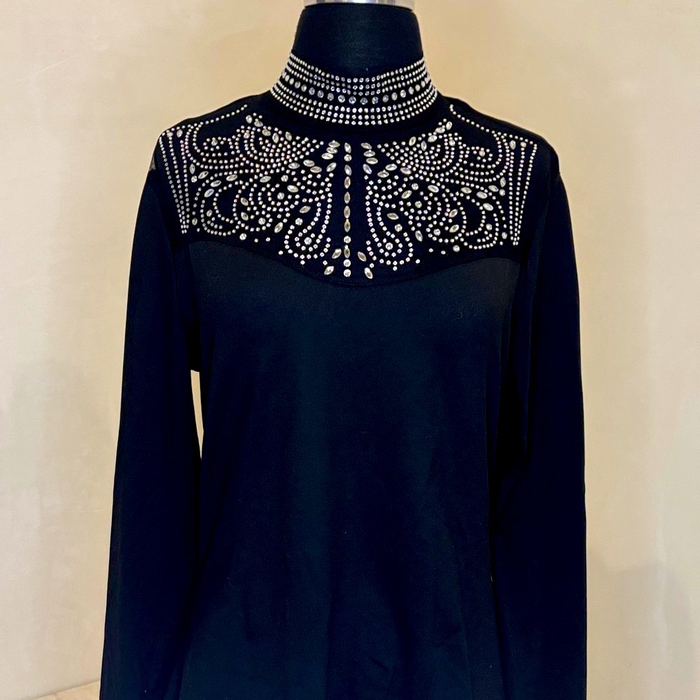 Choice Noworry Black Rhinestone Mesh Top – Mock Neck Long Sleeve M/L. NWOT